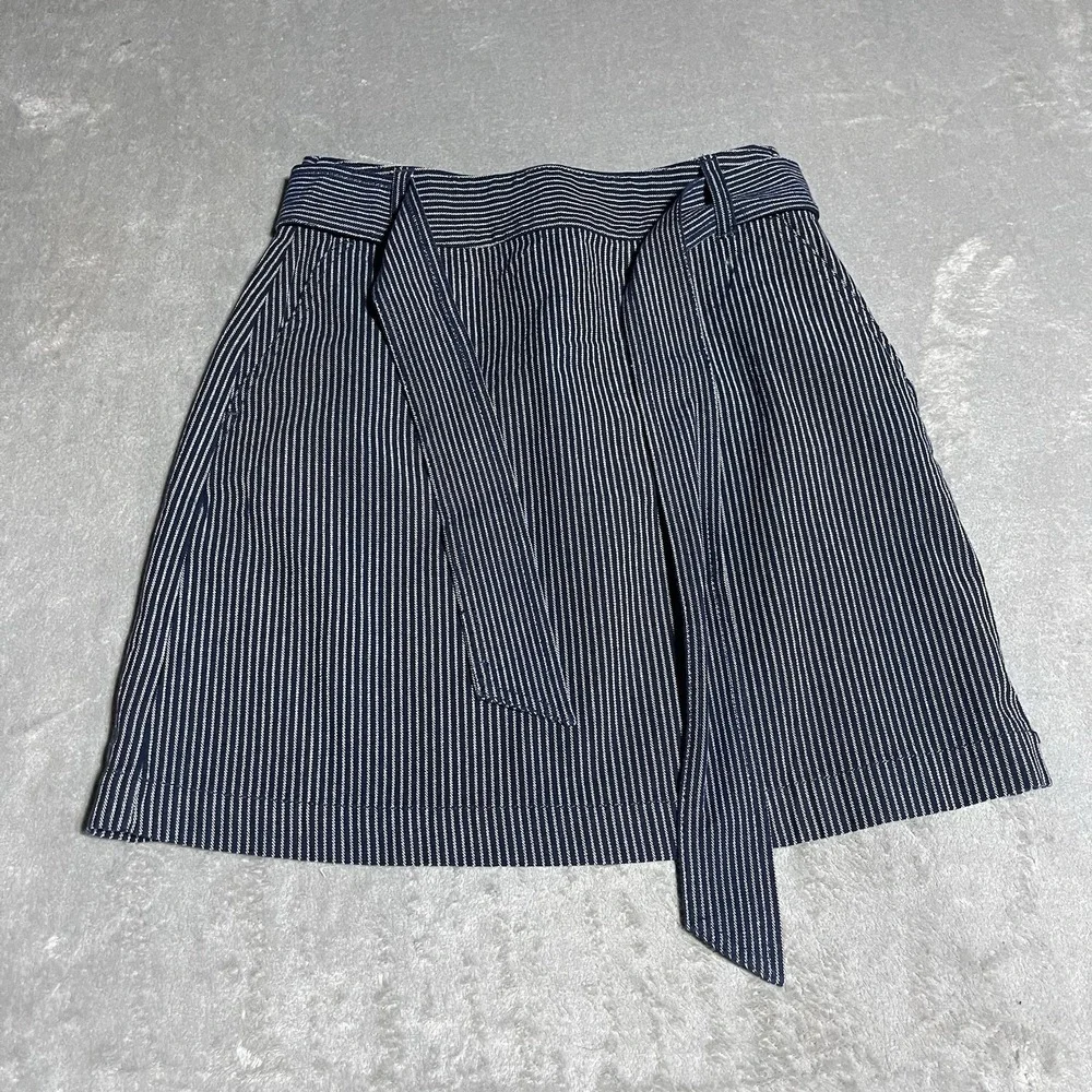 Ann‎ Taylor Loft Skirt Womens 0 Navy White Striped Belted Pockets Textured